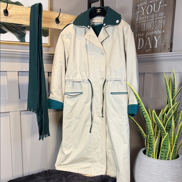 70s Vintage Norbert Nel Trench Coat Khaki Beige with Green Size 10 - Picture 4 of 16